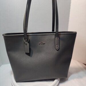 Coach City Zip Crossgrain Tote Shoulder Bag Granite Grey / Silver